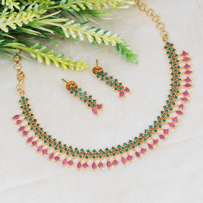 Elegant Green and Pink Teardrop Necklace and Earring Set with Gold Accents