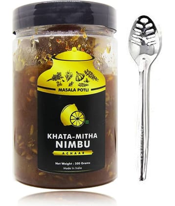 Masala Potli Homemade Khatta Meetha Nimbu Ka Achar & Spoon | Oil Free - No Sugar Only Jaggery Used Pickle 500 g