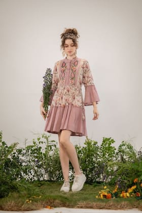 BOHO FLORAL PATCHWORK TUNIC DRESS-PEACH / L
