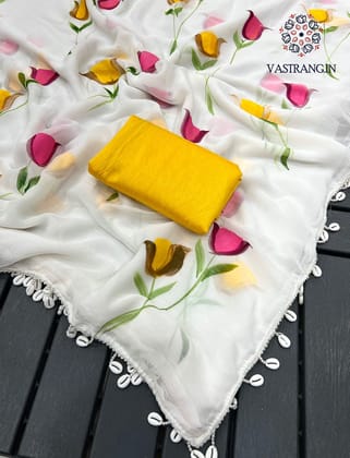 New Partywear White Color Chiffon Handbrush Print With Foil n Moti Lace Work Fancy Designer Saree