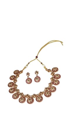 ANVAYACOLLECTIONS Traditional Gold Toned Kundan Necklace Set with Earrings and Embellished Circular Disc Design, Imitation One Gram Jewellery for Women