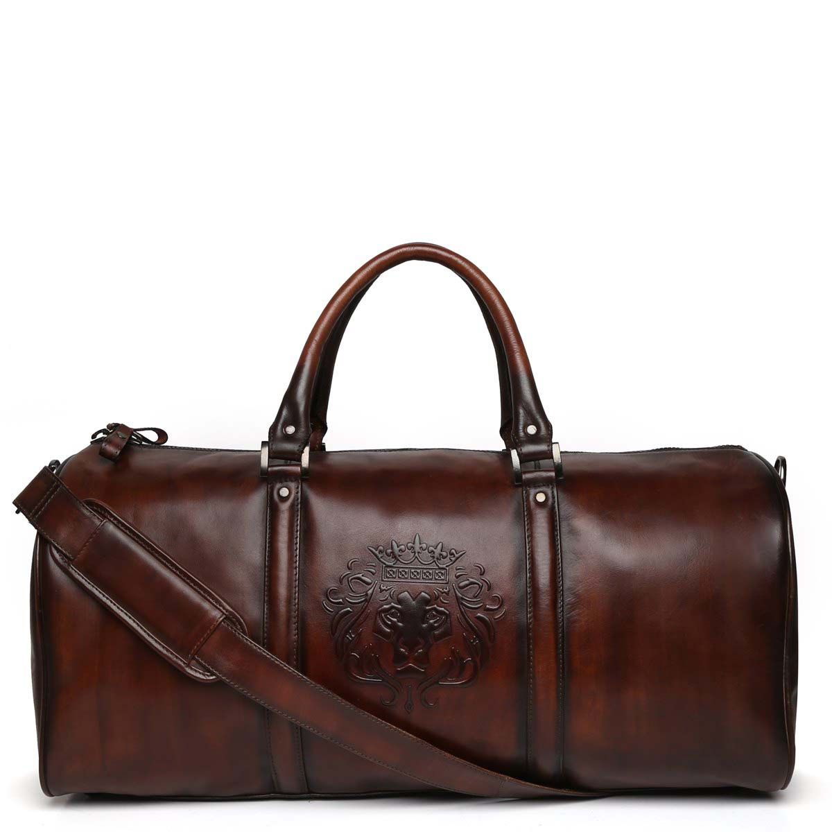 Brune X Bareskin Embossed Lion Dark Brown Leather Duffle Bag-FS