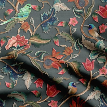 Tropical Flower and Birds Natural Crepe Fabric