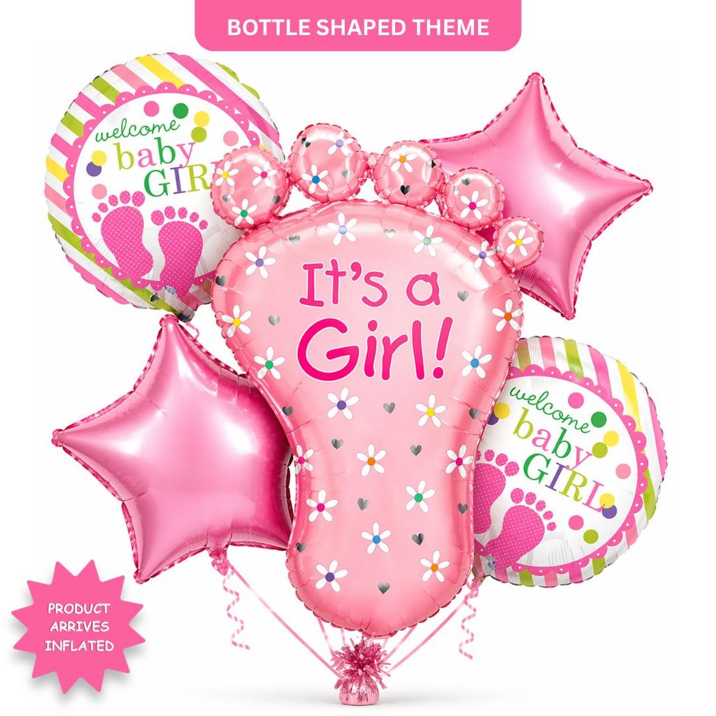 It’s a Girl Baby Feet Shaped Helium Balloon Set of 5 (Baby Feet + Welcome Baby Girl + Pink Star Balloons) | Pre-Inflated & Delivered | Baby Shower Decoration - Party and Festive Needs | Buy online on ZillyBuy
