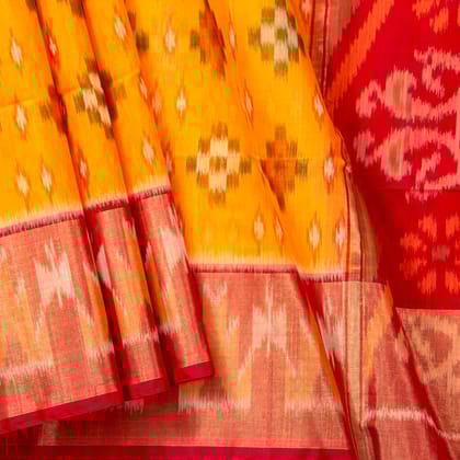 Yellow And Red Pochampally Ikkat Silk Cotton Saree WIth Tissue Zari Border For Festive Wear PV ISC 1021