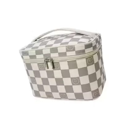 SG Large Capacity Glossy Travel Cosmetic Bag Sturdy Handle Makeup Bag Women Travel Outdoor (Grey White Check SG Large Capacity Glossy Travel Cosmetic Bag Sturdy Handle Makeup Bag Women Travel Outdoor (Grey White Check