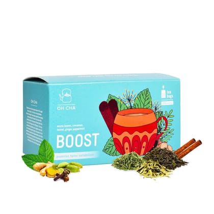 Oh Cha Green Tea Bags, Boost | Energy Boosting Tea with Peppermint, Senna leaves, Cinnamon, Ginger, Fennel seeds | 100% Natural Ingredients, Green Tea for Weight Loss, 40 gm - 20 Bags Oh Cha Green Tea Bags, Boost | Energy Boosting Tea with Peppermint, Senna leaves, Cinnamon, Ginger, Fennel seeds | 100% Natural Ingredients, Green Tea for Weight Loss, 40 gm - 20 Bags