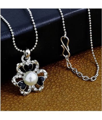 The Jewelbox Enamel CZ Flower Black Brass American Diamond Pearl Necklace Pendant Chain Set Girls Women