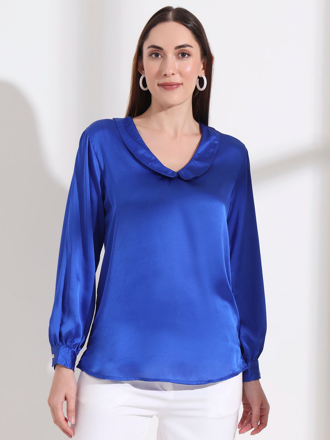 Summer Satin Royal Blue Peter Pan Collar Top-M / ROYAL BLUE