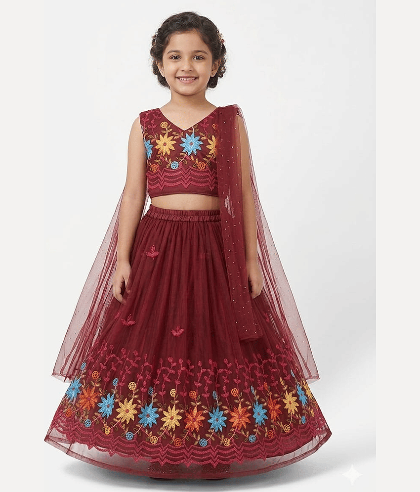 DS DRESSES Georgette Lehenga Choli Set For Girls ( Pack of 1 , Maroon )