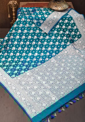Banarasi Blue Green Dual Tone Katan Silk Saree with Silver Zari Motifs | Silk Mark Certified