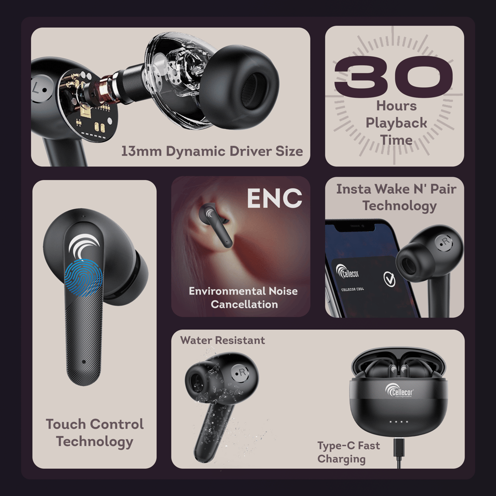 Cellecor BroPods CB03 Waterproof Earbuds With 30 Hours Playtime, Automatic Pairing, ENC Bluetooth-Black