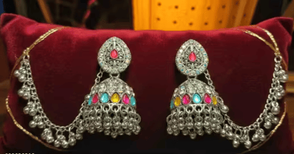 Oxidized Silver Jhumkas,with stone And chain ball