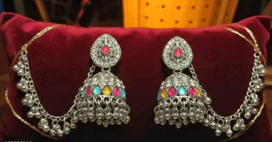 Oxidized Silver Jhumkas,with stone And chain ball