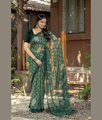 LEELAVATI Chiffon Printed Regular Saree With Unstitched Blouse Piece ( Green )
