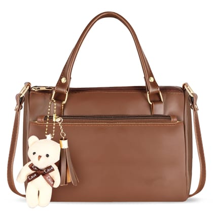 Brown Luxurious Faux Leather Handbag With Teddy Bear For Women And Girls HB21