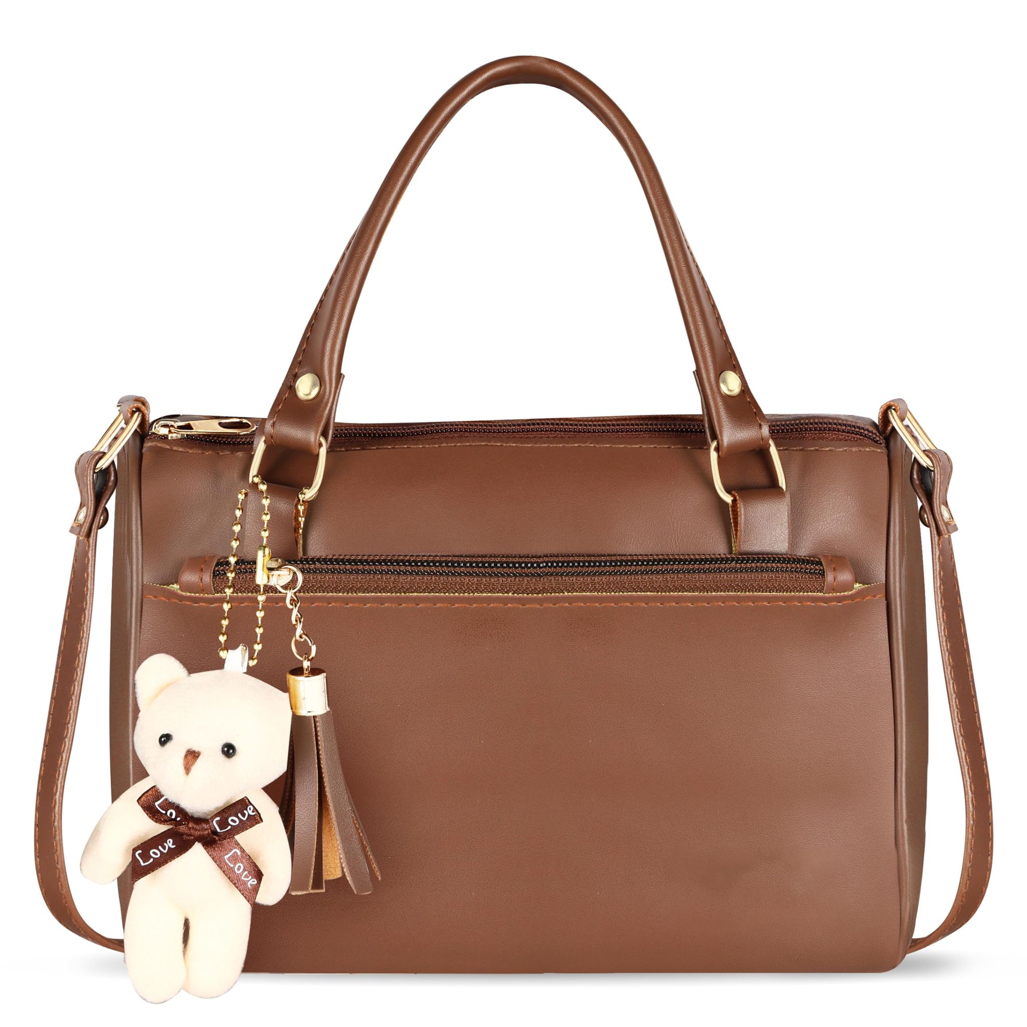 Brown Luxurious Faux Leather Handbag With Teddy Bear For Women And Girls HB21