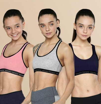 Young Trendz Girls Non Padded Combo Sports Bra(Pack of 3)-9-10YEARS / PINK GREY NAVY