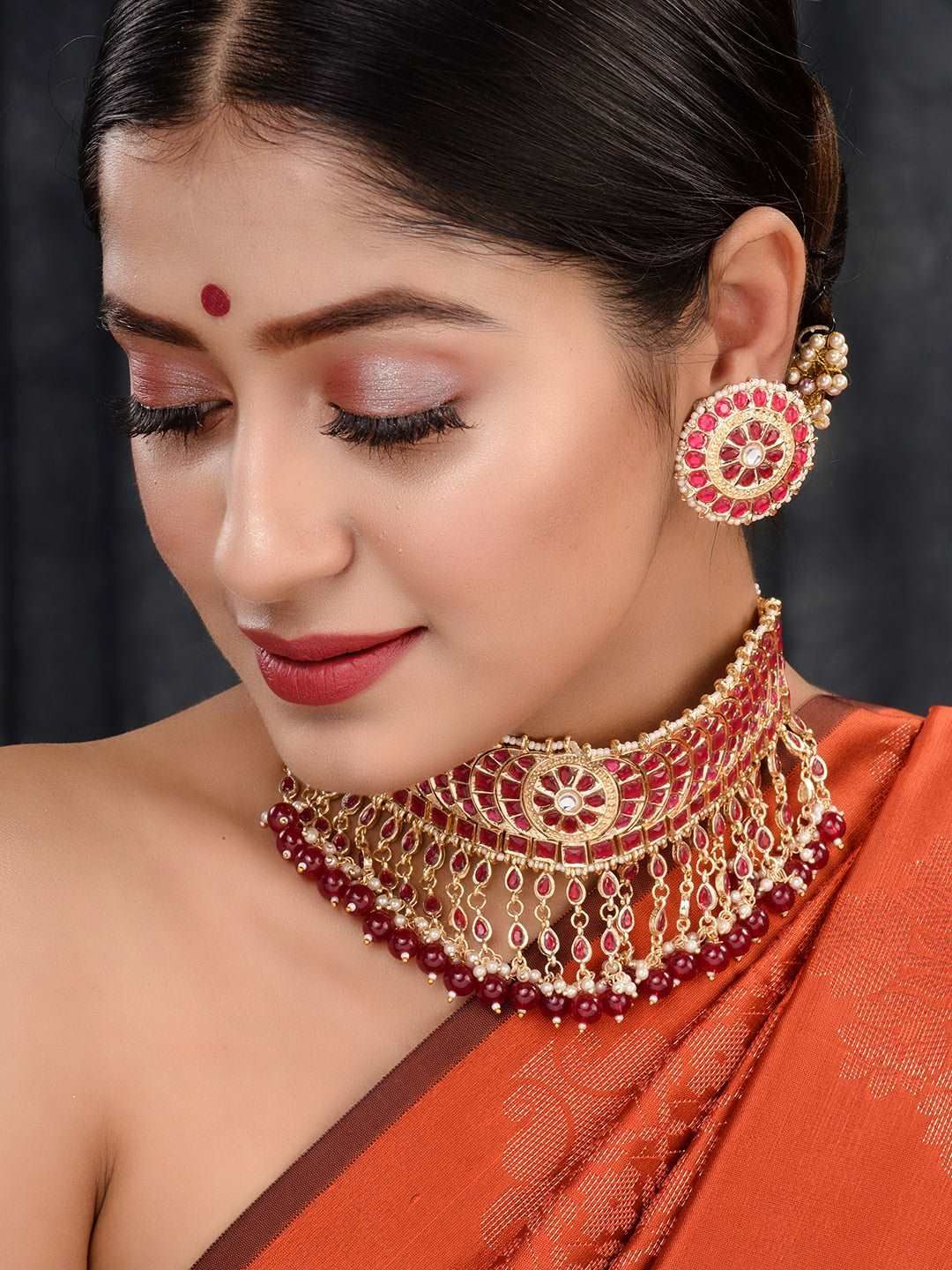 Gold Plated Red stone studded Pearl beaded Choker Jewellery set