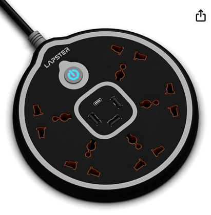 Lapster Xtension HOOP with 3 USB Port + 1 Port Type-C PD + 5 Power Sockets Extension Board , 2500W Power Converter, Cord Length 2Mtr (Black)