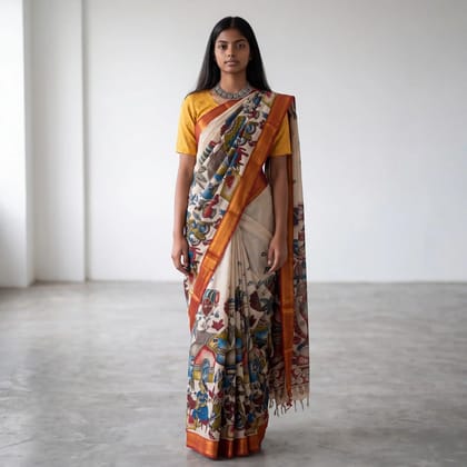 Pedana Kalamkari Print Saree Cream Floral Motifs