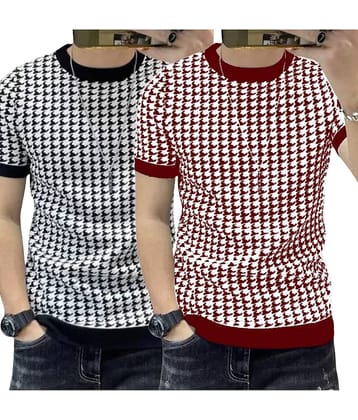 FABRIPPLE Polyester Regular Fit Self Design Half Sleeves Men's Round T-Shirt - Multicolor ( Pack of 1 )