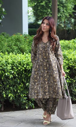 Cotton Handblock Kalamkari Print A-line Kurta with Pathani Pants-XL