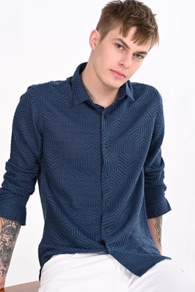 Navy Textured Regular Fit Shirt-S