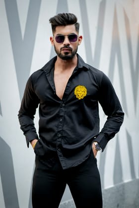 Black lion embroidery premium satin cotton shirt Black lion embroidery premium satin cotton shirt