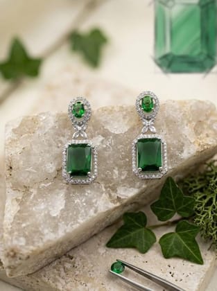 Generic Women's Brass Silver Plated Drop Earrings (Green)-PID66247