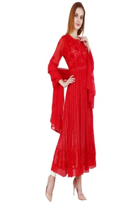 The Chikankari Story: Women's Lucknowi Aari Embroidered Georgette Anarkali Kurta with Matching Dupatta - Traditional Lakhnavi Design in Red-XL