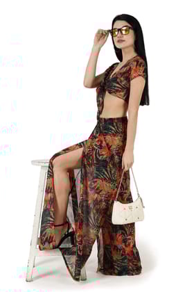 Multicolored Floral Printed Front Tie Top with Flared Pyjama-L / L / Multicolored