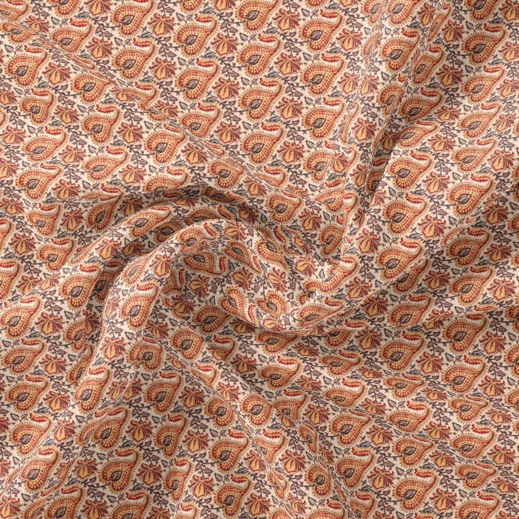 Beautiful Birch Leaves With Golden Flower Digital Printed Fabric - Rayon