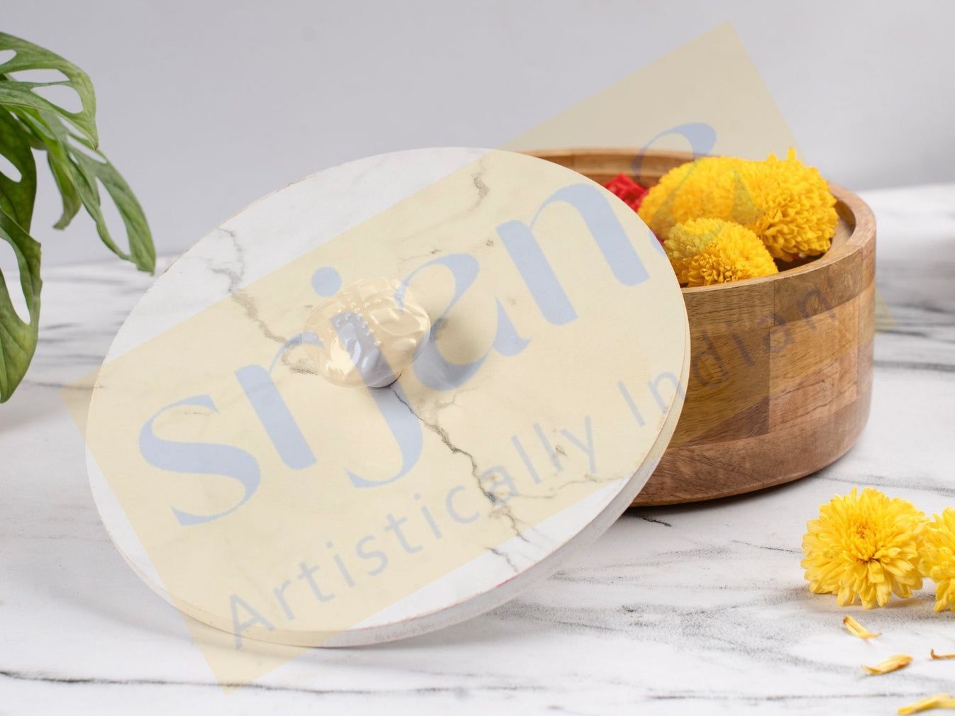 Srjana Handcrafted Wooden Round Box with Sunmica Lid