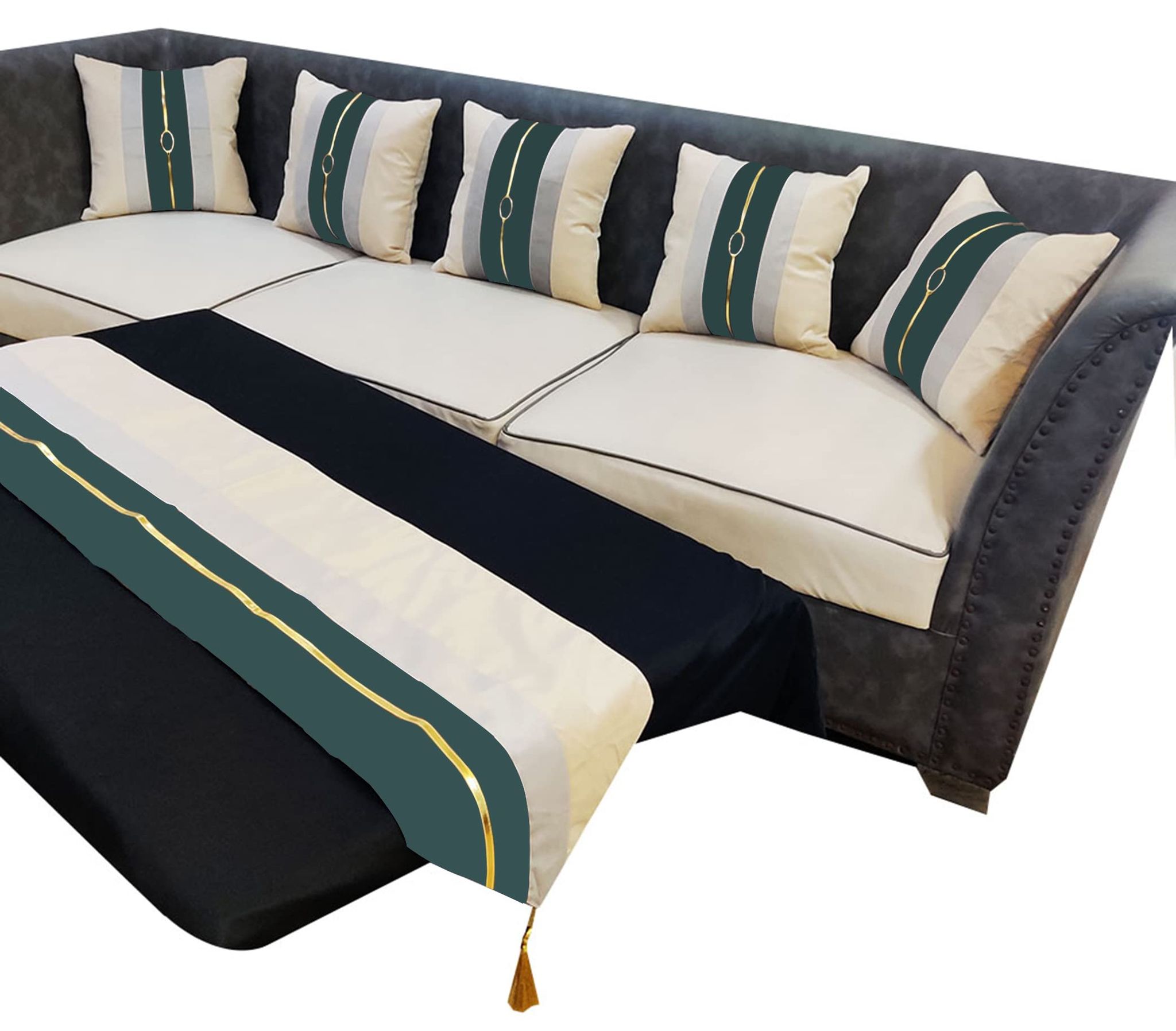 Green Beige Gold Leather Buckle Velvet 5 Cushion Covers and 1 Table Runner Combo Luxury Pillow Cover Pillow for Sofa Living Room Bedroom | 16X16 Inches Cushion Cover I 12 X 59 Inches Table Runner I