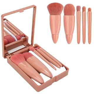 Stylish Compact Rose Gold Mini Makeup Brushes Kit with Built-in Mirror - Perfect for On-the-Go Beauty Touch-Ups and Professional Makeup Application