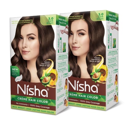 Nisha Creme Hair Color 3.0 Dark Brown 120g Pack of 2, Permanent Hair Colour for Women Men, No Ammonia 100% Grey Coverage