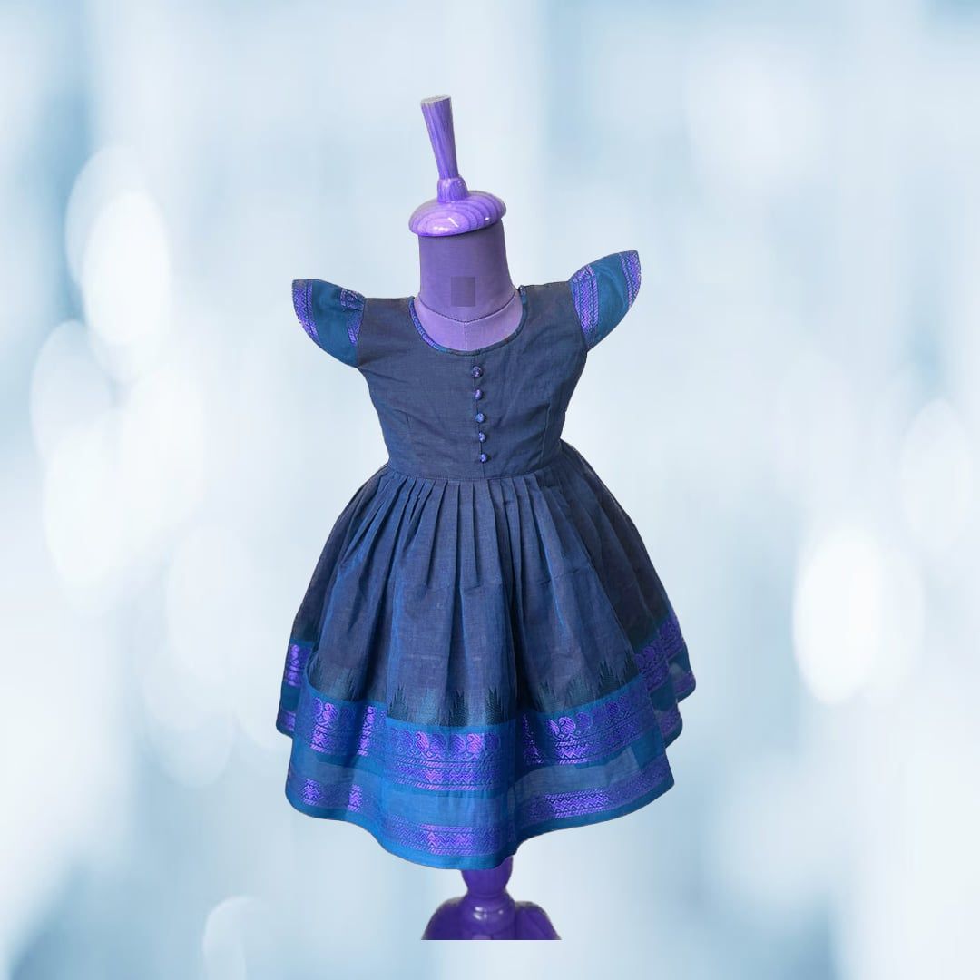 Traditional Silk Blend Pleated Kids Dress (Navy Blue) | Ethnic Festive Wear | Party
