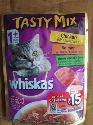 Tasty mix Chicken Tahun Whiskas Made with Real fish Complete and Balanced Nutrition Salmon Wakame seaweed in gravy 