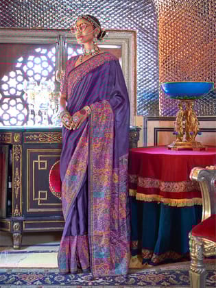 Purple Soft Silk Stripes & Pashmina Printed Saree