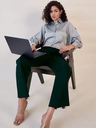 Straight Fit Mid Waist Stretch Trouser -Bottle Green-XS