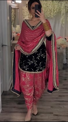 Latest designer white Punjabi dhoti salwar kameez & dupatta.-Pink