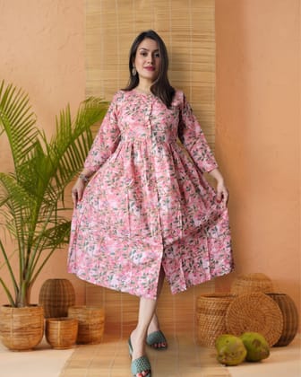 Nazakat Blockprinted Pink Cotton Long Dress-36 (S)
