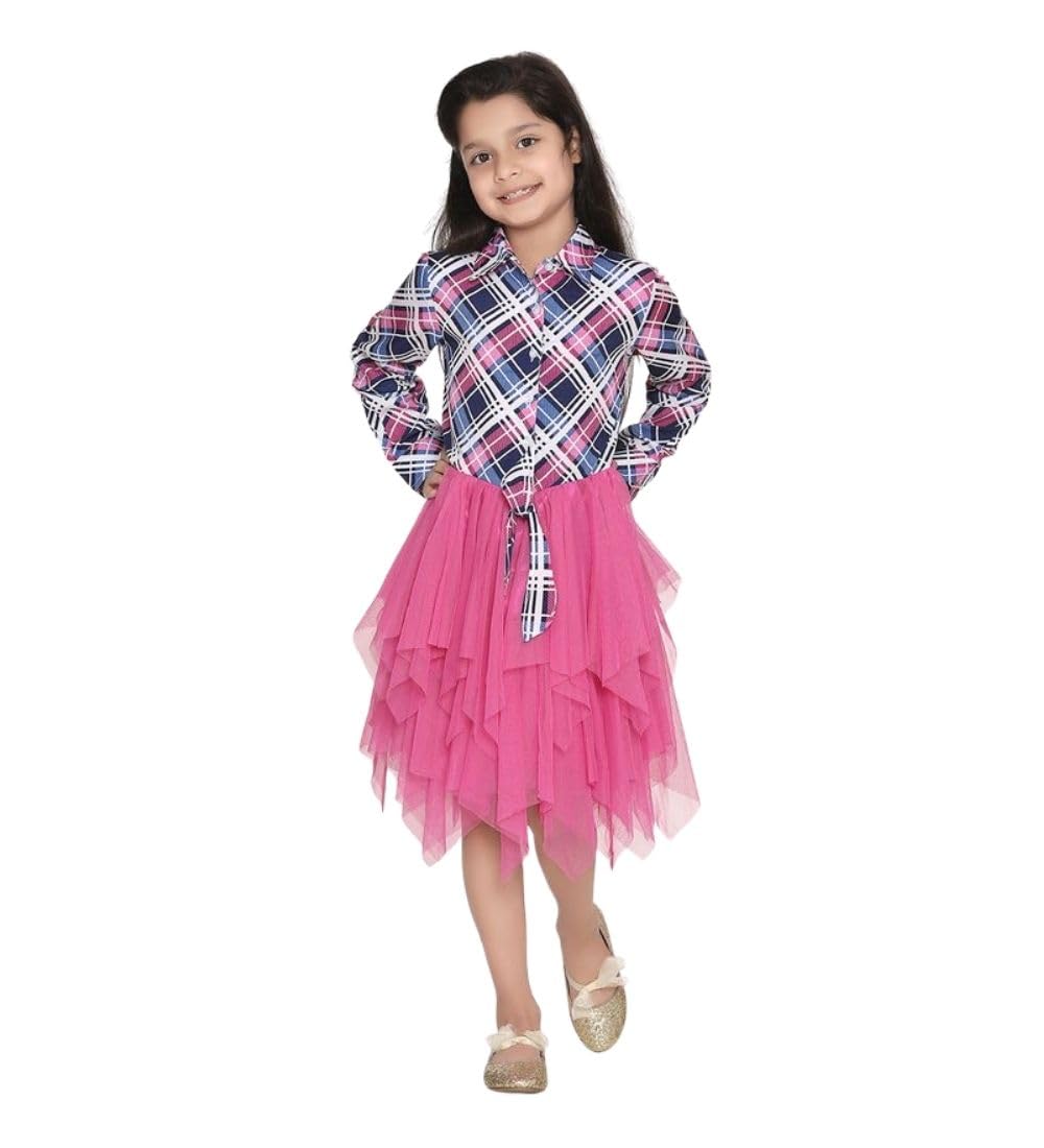 Girl's Polyster Crepe Lace Inserts Long Sleeves Dress (Pink-Blue, 5-6-Yrs)-PID66020