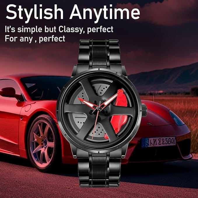 Men's Car Wheel Watch with Spinning Car Rim Hub Design|| Analog Stainless Steel || Quartz Movement|| Water Resistant, Scratch Resistant