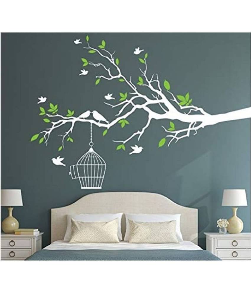 Asmi Collection White Branches Birds and Green Leaves Nature Sticker ( 130 x 155 cms )