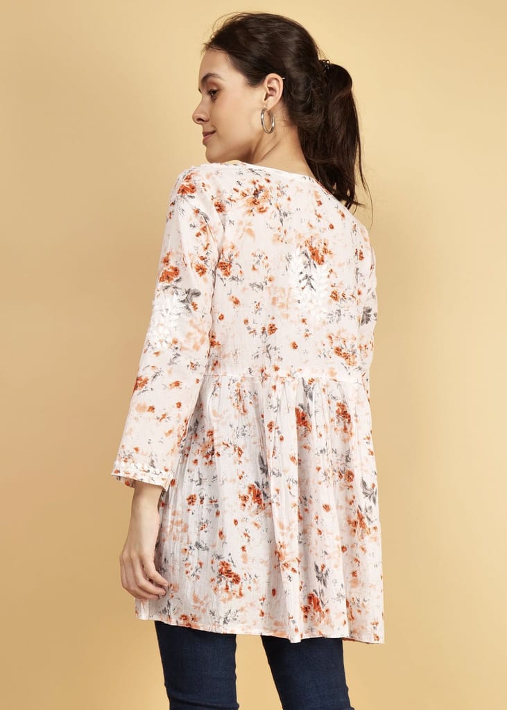 Mulmul Short Frock Style Kurti - Floral Print Orange