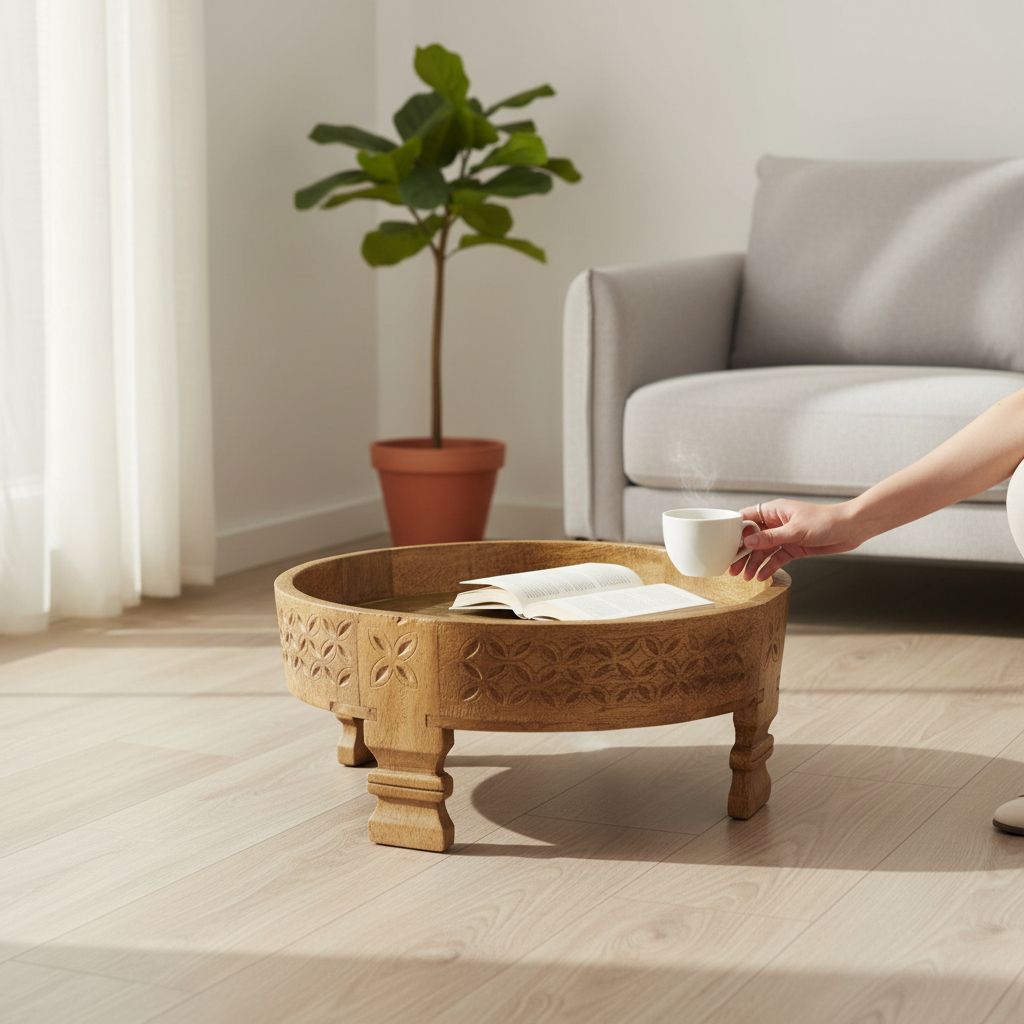 VMAntique Decor Wooden Natural Brown Chakki Table, Handicraft Carved Grinder Table, Coffee Table Cum Cocktail Table,Indoor Lamp-Table45 x 45 x 20 cm