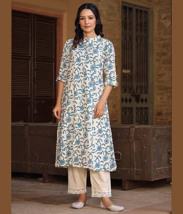 AMIRA'S INDIAN ETHNICWEAR Cotton Flex Printed Front Slit Women's Kurti - Blue ( Pack of 1 )