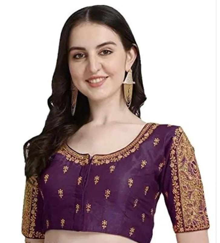 Women's Phantom Silk Woven Round Neck Short Sleeve Readymade Blouse (Purple, Free Size)-PID57717
